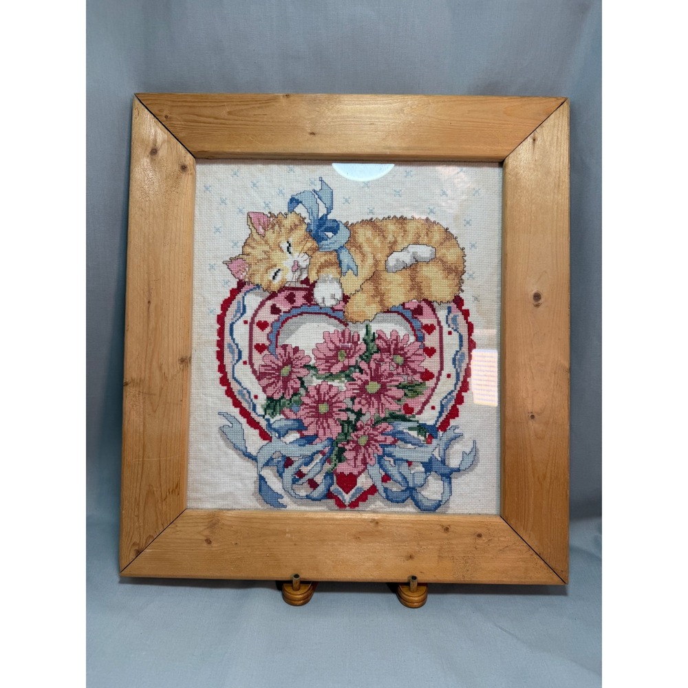 Handmade Framed Cross Stitch Sleeping Tabby Cat Floral Heart Cottagecore 17x18